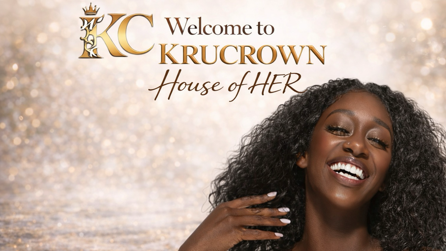 Promotional image for Krucrown with a woman smiling and touching her hair against a glittery background.